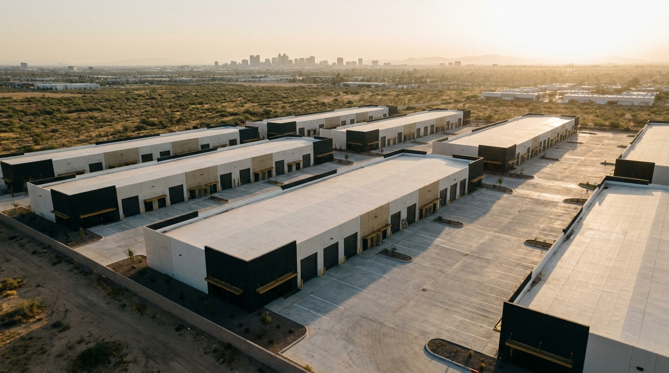 15113 Fitzhugh Road — aerial dusk render of industrial flex development